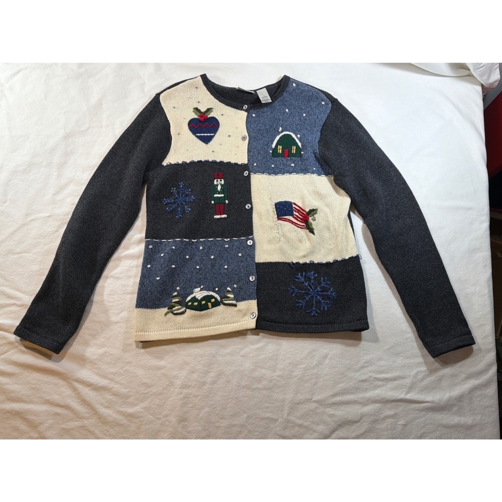 Villager Sport Liz Claiborne Patchwork Winter Cardigan Sweater Mens M Nutcracker